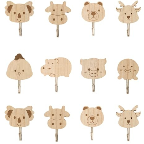 Alriedy Kleiderhaken Kinder Kindergarderobe, 12PCS Tier | 12 Stück, Tier-Wandhaken, Aus Holz, Selbstklebend, Für Kinderzimmer, Schlafzimmer