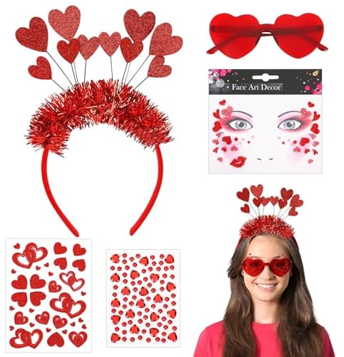 JUNEBRUSHS Herz-Gesichtsdeko-Set für Karneval, Inklusive Herz-Gesichtstattoo, Glitzerstein-Sticker, Herz-Brille und Haarreif mit Funkelherzen (Rot)