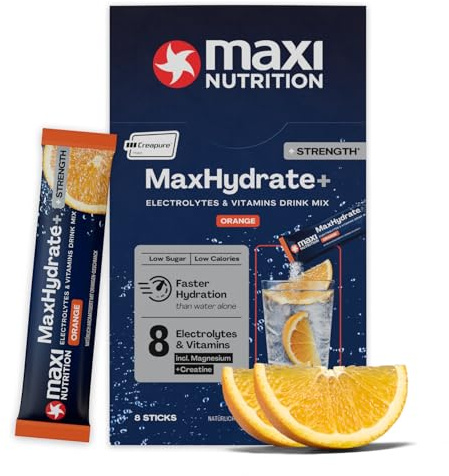 MaxNutrition MaxHydrate+ Strength Elektrolyte 8 Sticks á 1.469 mg Elektrolyten & 3 g Kreatin, Isotonisches Getränkepulver zur besseren Versorgung mit Flüssigkeit, Orange, Vitamin Drink