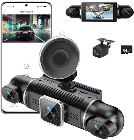Dashcam Front and Rear 4 Channel: Dash Cam for Car 4K / 1080P 4 x 140° Wide-Angle with 3 IPS Screen, Car Dashcam with Loop Recording IR Night Vision 24H Parking Mode G-Sensor App Control 64GB SD