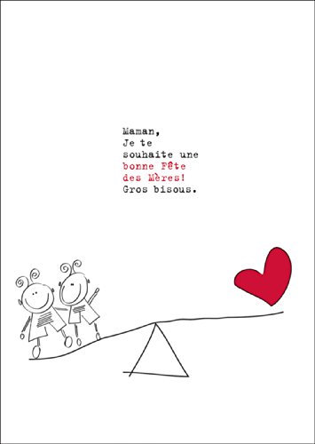 Liebevolle, französische Muttertagskarte mit Kindern auf Wippe: Maman, Je te souhaite UNE bonne Fête des Mères! Gros bisous. • edle Grußkarte mit Umschlag