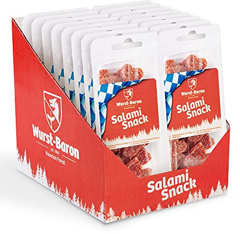 WURSTBARON® - Salami Mini Herzchen - Original Wurst Snack aus Bayern - Karton mit 16x 50g (800g) - Snackbox Sticks Herzen