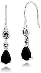 Gemondo Art Nouveau Inspired Sterling Silver Black Onyx & Marcasite Drop Earrings