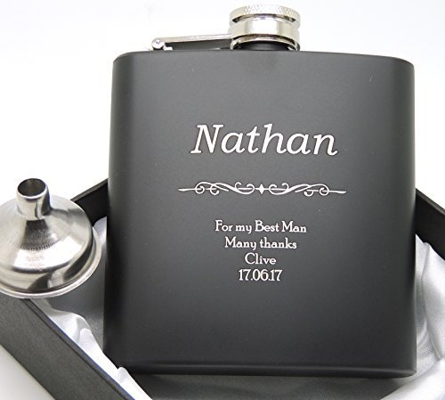 Engraved Hip Flask Gift Set, 6oz, Black/Silver, Personalized Design Options, Funnel Included (Classic, 6oz Black)