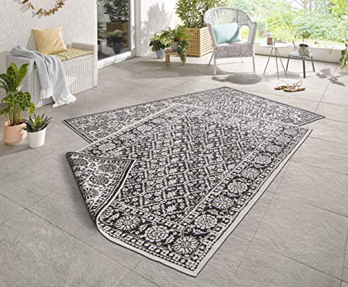 NORTHRUGS Outdoor Teppich Curacao-Wendeteppich Wetterfest Modernes Grafisches Muster Läufer für Balkon Terrasse Garten Wintergarten Wohnzimmerteppich Wasserfest, Polypropylen, Schwarz Creme, 160x230cm