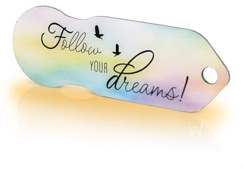 Einkaufswagenlöser ® Follow your dreams/Entriegler für Einkaufswagen – inkl. 1 Jahr Schlüsselfundservice/Einkaufswagenchip abziehbar/Einkaufschip zum rausziehen/Schlüsselanhänger Metall/1 Stück
