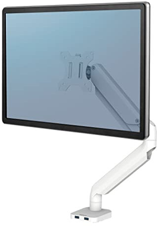 Fellowes Platinum Series Monitor Arm - Monitor Mount for 8KG 40 Inch Screens - Adjustable Monitor Desk Mount - Tilt 45° Pan 180° Swivel 360° Rotation 360°, VESA 75 x 75/100 x 100 - White
