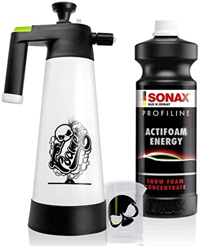 Nuke Guys Snow Foam Set: Nuke Guys Foamer 2L Schaumsprüher + SONAX PROFILINE ActiFoam Energy 1l + Nuke Guys Messbecher 150ml skaliert mit Nuke Guys skull