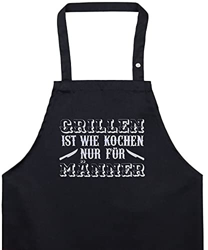 EXPRESS-STICKEREI BBQ Grillschürze - Lustige Kochschürze für Grillfans - Verstellbare Latzschürze für Männer/Frauen - Küchenschürze mit Spruch Grillen ist wie kochen nur für Männer - Grillschürze