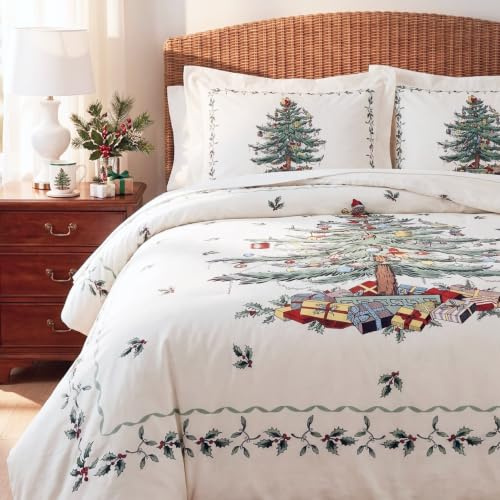 Spode - Queen-Bettwäsche-Set, 3-teiliges Bettwäsche-Set mit passenden Kissenbezügen, Urlaubszimmer-Dekoration, Weihnachtsbaum, Elfenbein, Queen