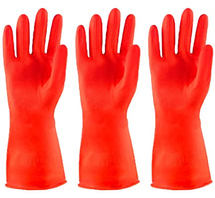 Discoball 6 Pack (3Pairs) Thicken Rubber Gloves, Non-slip, Bouncy, Reusable Cleaning Gloves, Without Pungent Smell, length 12.2IN (Red, Large)