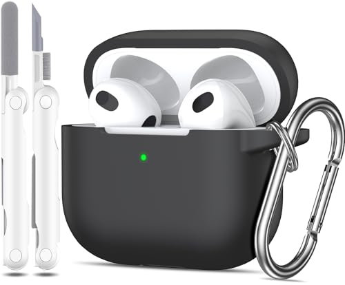 MHYALUDO AirPods 3 Hülle - Kompatibel Mit 2021 Generation, Weicher Silikonschutz Mit Schlüsselanhänger Und Reinigungsset, Schwarz