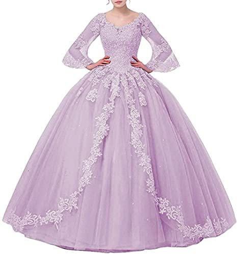 NaTengs Apliques de encaje para mujer, vestidos de quinceañera, mangas largas, vestido de bola de tul, Lila, 40