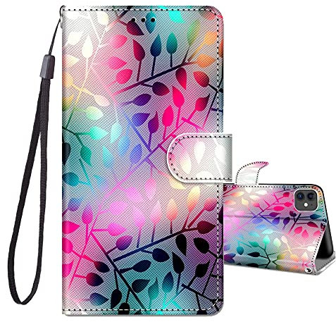 JRIANY for iPhone 11 Case, PU Leather iPhone 11 Wallet Case with Cute Pattern [Card Holder] [Kickstand], iPhone 11 Flip Case, Shockproof Cover Compatible with Apple iPhone 11, Leaves H
