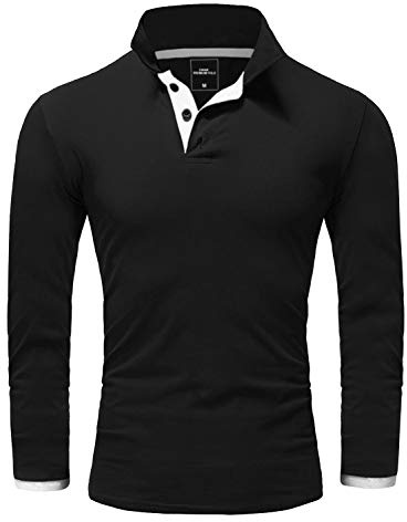 REPUBLIX Herren Poloshirt Basic Kontrast Langarm Polohemd Shirt R0521 Schwarz/Weiß XL