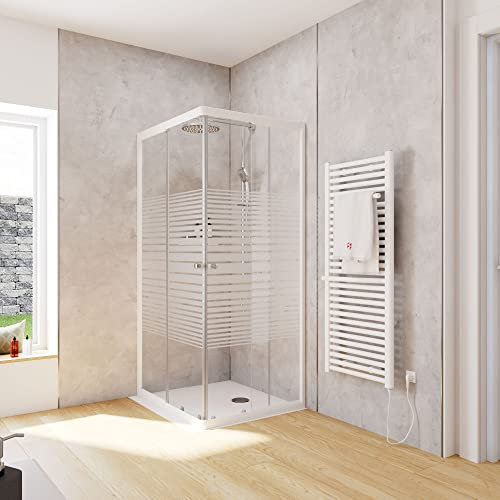 Schulte Duschkabine Corner Eckeinstieg mit Schiebetüren Alpinweiß 4 mm Sicherheitsglas (ESG) Dekor Querstreifen 90x75 cm, Montage auf Duschwanne oder Fliese