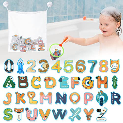 OFFCUP Bad Buchstaben Zahlen , 36 Stück Bad Spielzeug Organizer (A-Z, 0-9), Bad Spielzeug mit 1 Fischernetz, Bad Netz und 2 Selbsthaftenden Haken, Badespielzeug Kinderspaß und Lernen