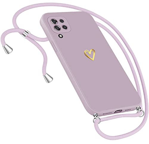Handykette Hülle für Samsung Galaxy A12 Hülle Necklace, Herz Motiv Muster Handyhülle für Samsung Galaxy A12 Hülle mit Band Kordel zum Umhänge Band Ultradünn Hülle für Samsung A12 Handykette (Lila)