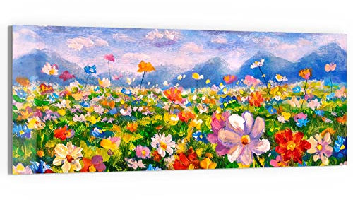 DEQORI Glasbild Echtglas | Motiv Blumenwiese und Berge | horizontal einteilig 125x50 cm | schöne Dekoration | Wandbild für Wohnzimmer, Schlafzimmer, Flur & Küche | moderne Wanddeko