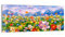 DEQORI Glasbild Echtglas | Motiv Blumenwiese und Berge | horizontal einteilig 125x50 cm | schöne Dekoration | Wandbild für Wohnzimmer, Schlafzimmer, Flur & Küche | moderne Wanddeko