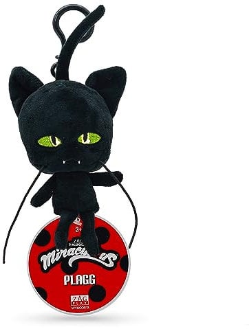 Miraculous Ladybug – Kwami Lebensgröße Plagg, Plüsch-Katzen-Plüschspielzeug zum Anstecken, super weiches Sammlerstück mit Glitzeraugen und farblich passendem Rucksack-Schlüsselanhänger (Wyncor)