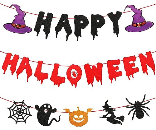 Happy Halloween Banner, Rot Schwarz Glitzer Horror Blutiger Kranz Halloween Banner Gruselige Hexe Spinne Geist für Halloween Spukhaus Party Dekorationszubehör