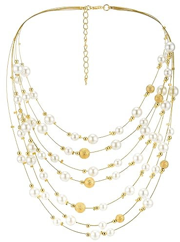 COOLSTEELANDBEYOND Statement Dichiarazione Collana Multi-fila Cascata Filo Catena con Sintetico Bianco Perla e Satinato Colore Oro Perlina