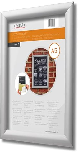 Deflecto Lot de 10 Cadres à Clipser A5 Muraux en Aluminium Argenté – Porte-Affiches Professionnels & Supports Signalétiques Faciles à Installer pour Bureau, Magasin & Restaurant
