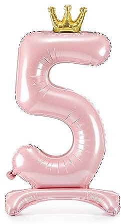 Folienballon 5. Geburtstag XXL Ballon 5 Hellrosa mit Standfuß selbststehend Ballon 5 Geburtstag Mädchen Kindergeburtstag Luftballon Zahl 5 Rosa mit goldener Krone