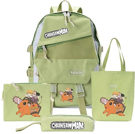 Chainsaw Man Anime Backpack 4 Piece Set Pen Bag Crossbody School Starting Essentials Power Pochita Printed Schoolbag Shoulder Bag Student Canvas Bags Handbags
