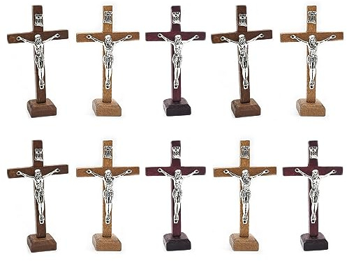 BIBABLYKE 10pcs Wooden Cross Ornament Tabletop Ornaments Standing Crucifix Cross Decoration Churches Wood Cross with Stand Crafts Wood
