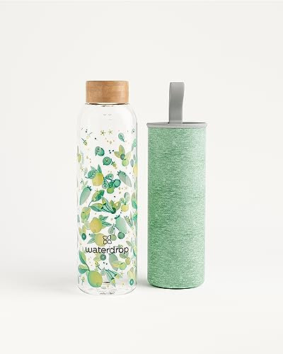 waterdrop® Botella Agua Vidrio 600ml, Cristal Borosilicato, 100% Hermética, Segura - Sin BPA: Para Niños. Botella Gimnasio, Water Bottle, Cantimplora