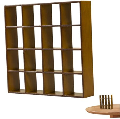 SMELEYOU Puppenhaus MöBel Miniatur Dollhouse Bücherregal Realistisches Holz 1:12 Miniatur Bücherregal 16 Gitter Mini Displayregal Wand Rack Stand für Puppenzubehör Dekorationen Walnussfarbe