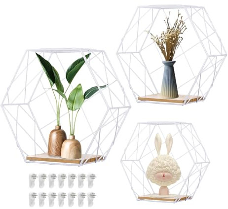 PEESHON Hexagon Wandregal Metall 3er Set, Hängeregalen für Schlafzimmer, Deko Hängeregal,Loft Wandregale, Golden Schweberegal Wanddeko für Wohnzimmer, Schlafzimmer, Café und Hotel Flur