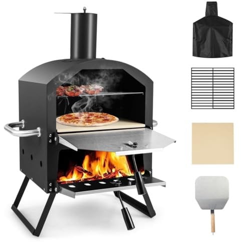 TANGZON Outdoor Pizza Oven, 2 Tier Wood-fired Pizza Maker with Waterproof Cover, Cooking Grill and Pizza Stone, Outdoor Garden Patio BBQ Pizza Cooker for Meat, Fish and Veg