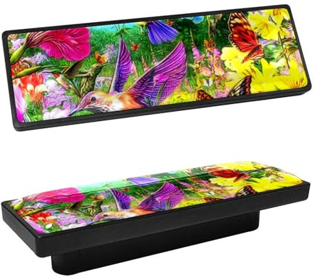 BROJAQ Lot de 4 boutons d'armoire rectangulaires en forme de colibri, fleur, papillon, peinture pour armoire de cuisine, commode, tiroir pour salle de bain