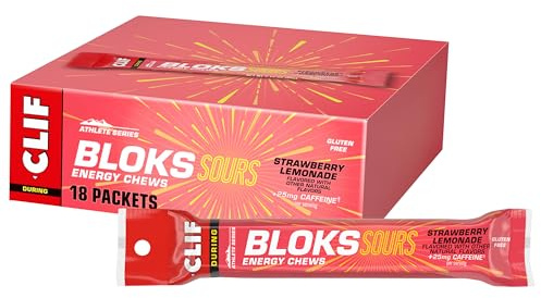 Clif Bloks Sours - Strawberry Lemonade Flavor with Caffeine - Energy Chews - Non-GMO - Plant Based - Fast Fuel for Cycling and Running - Quick Carbohydrates and Electrolytes - 2.12 oz. (18 Count)