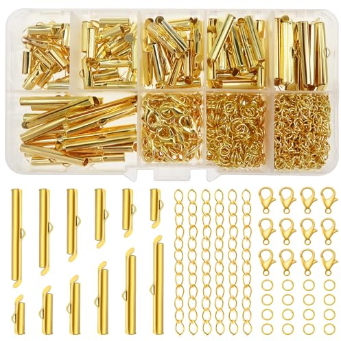 TOAOB 540 Piezas Cierres Deslizantes para Pulsera de Metal Tubo con Cierre Deslizante 6 Tamaños con Anillo de Salto Abierto Cierre de Langosta Cadena de Extensión de Oro para Hacer Joyas