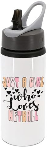 Pastel pinks/orange text and black text with hearts, just a girl who loves netball water bottle with handle, drinks cup, water cup, drinks bottle, hydrate, water, sports, ball sports