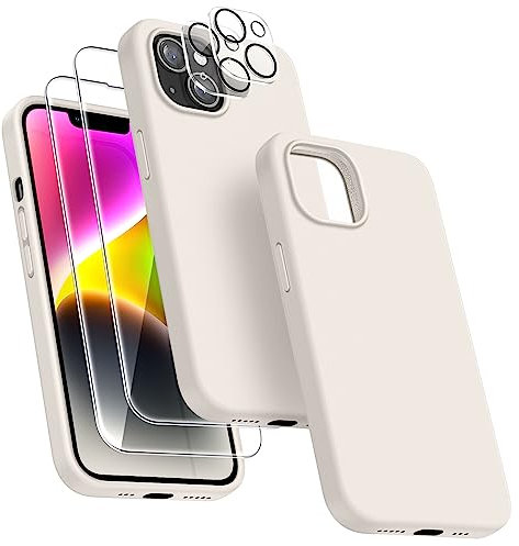 Dssairo [5-in-1 für iPhone 14 Hülle, mit 2 Displayschutzfolien + 2 Stück Kameraobjektivschutz, Flüssigsilikon, ultradünn, stoßfest, Schutzhülle [Mikrofaserfutter] 6.1(Stein)