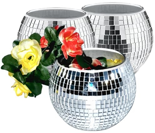 ROSEONE 3 Stück Discokugel Blumentopf,Klein Discokugel Vase,Discokugel Pflanztöpfe,Spiegelkugel Pflanzgefäß,Glas Disco Kugel Übertöpfe Discokugel Deko für Party Büro,Küche (Silber, 3 * 4 * 4 Zoll)