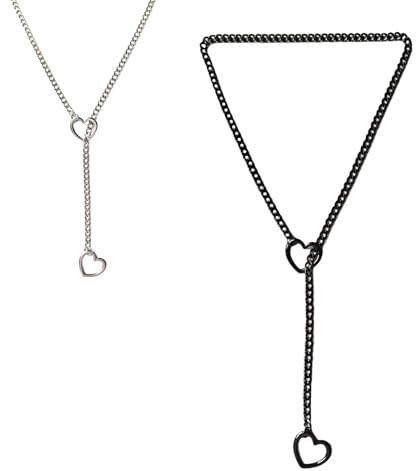 TJUSPIRIT Edelstahl Slip Chain Choker Kette Damen Schlupfkette Punk Gothic Herzkette y2k Lariat Y Halskette PU Lederhalsband Halskette 60CM(Schwarz+Silber)