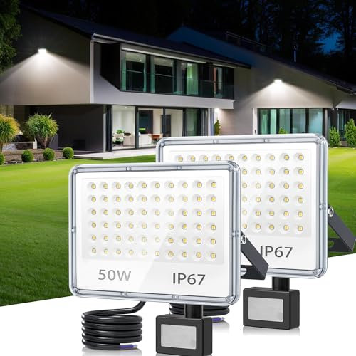 TASINUO LED Strahler mit Bewegungsmelder Außen 50W 2 Stück, 5000LM LED Scheinwerfer mit Bewegungsmelder, IP67 Wasserdichte Außenstrahler mit PIR, 6500K Kaltweiß Fluter für Lager Garage Gänge Eingänge