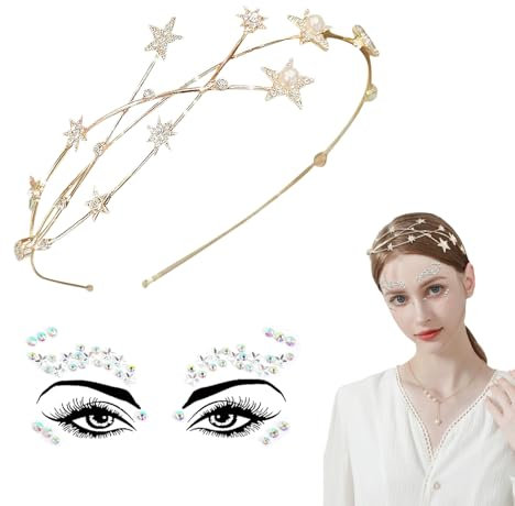 Stern Haarreif, Goldene Haarreifen Damen Glitzer, Haarreif Fasching, Stirnband Sterne（Aufsatz 1 stück Gesichtstattoo Glitzer）, Haarschmuck Hochzeit, Weihnachten Stirnbänder, für Festival Damen Braut
