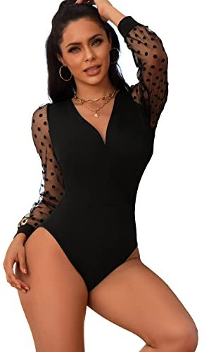 ohyeahlady Women's Bodysuits Long Sleeve Mesh Bodysuit with Polka Dot Sleeves Lace Bodysuit Leotard Tops Body Suits Ladie Sexy Outfits UK 18