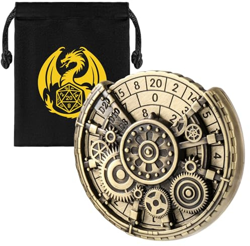 Hohl Zahnrad D&D Radwürfel Spinner, Zahnrad Metallische DND Würfel, Roulette Würfel Spinner für DND Würfelset, D&D Geschenke mit Drachen Logo Geschenktüte, RPG, Rollenspiel Brettspiel Zubehör, Bronze