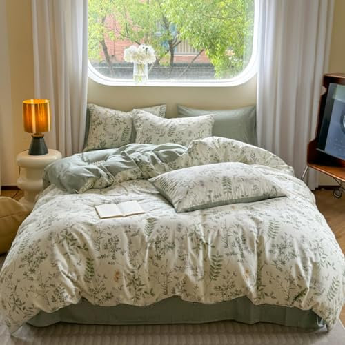 Freyamy Blumen Bettwäsche 155x220cm 2teilig Baumwolle Weiß Grün Rosa Floral Blätter Pflanzen Wende Bettwäsche Blumenmuster Mädchen Bettbezug mit Reißverschluss und Kissenbezug 80x80cm