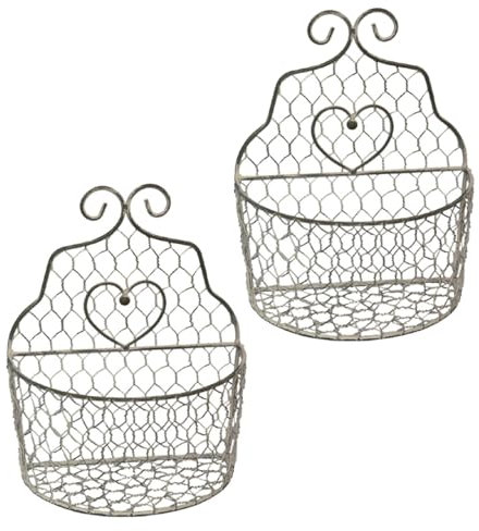 MACOSA SA81554_x2 Wandkorb 2er Set Metall Vintage Grau Wandtopfhalter Herz Vintage Landhausstil Blumentopfhalter Wand Blumenhalter Pflanzkorb Blumen-Korb hängend