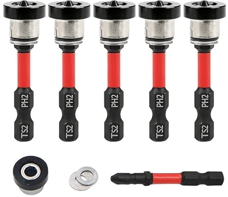 5pcs TEURSA ® Magnetic Drywall Screw Setter Bits – Adjustable Depth PH2 Positioning Bits with Removable Aluminum Collar, S2 Steel Hex Shank for Sheetrock and Plasterboard Screws (5pcs 2)