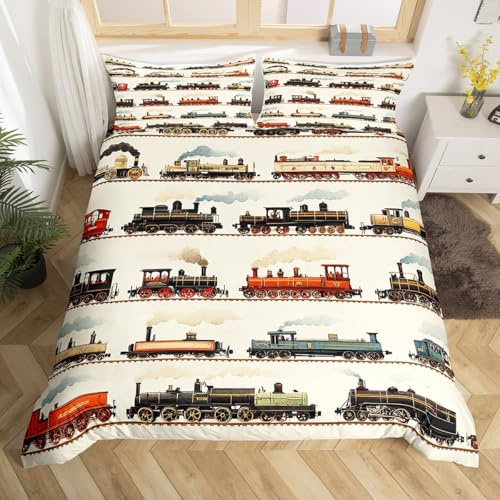 Homemissing Kinder Vintage Zug Bettwäsche Set 135x200cm Retro Dampfmaschine Bettbezug für Kinder Mädchen Jungs Retro Dampflokomotive Zug Betten Fahrzeug Bettwäsche-Set